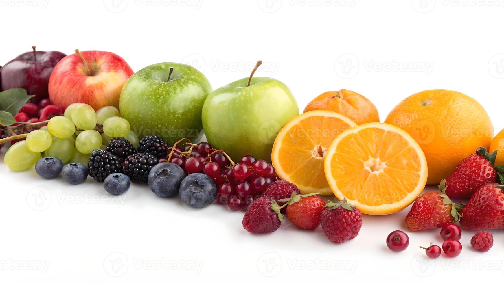 Vibrant Fruit Medley Apples, Oranges, Berries, and Grapes on White Backdrop photo