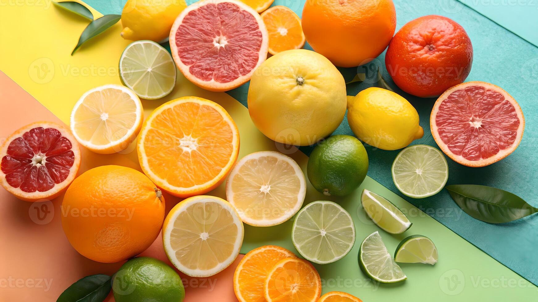 Vibrant Citrus Fruits Assortment on Colorful Background, Fresh and Juicy photo