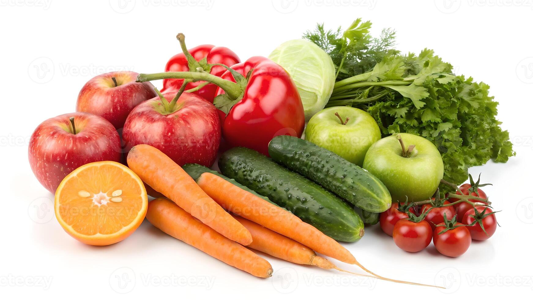 Vibrant Harvest Fresh Fruits and Vegetables on White Background Displaying Healthy Foods for Skinali Designs photo