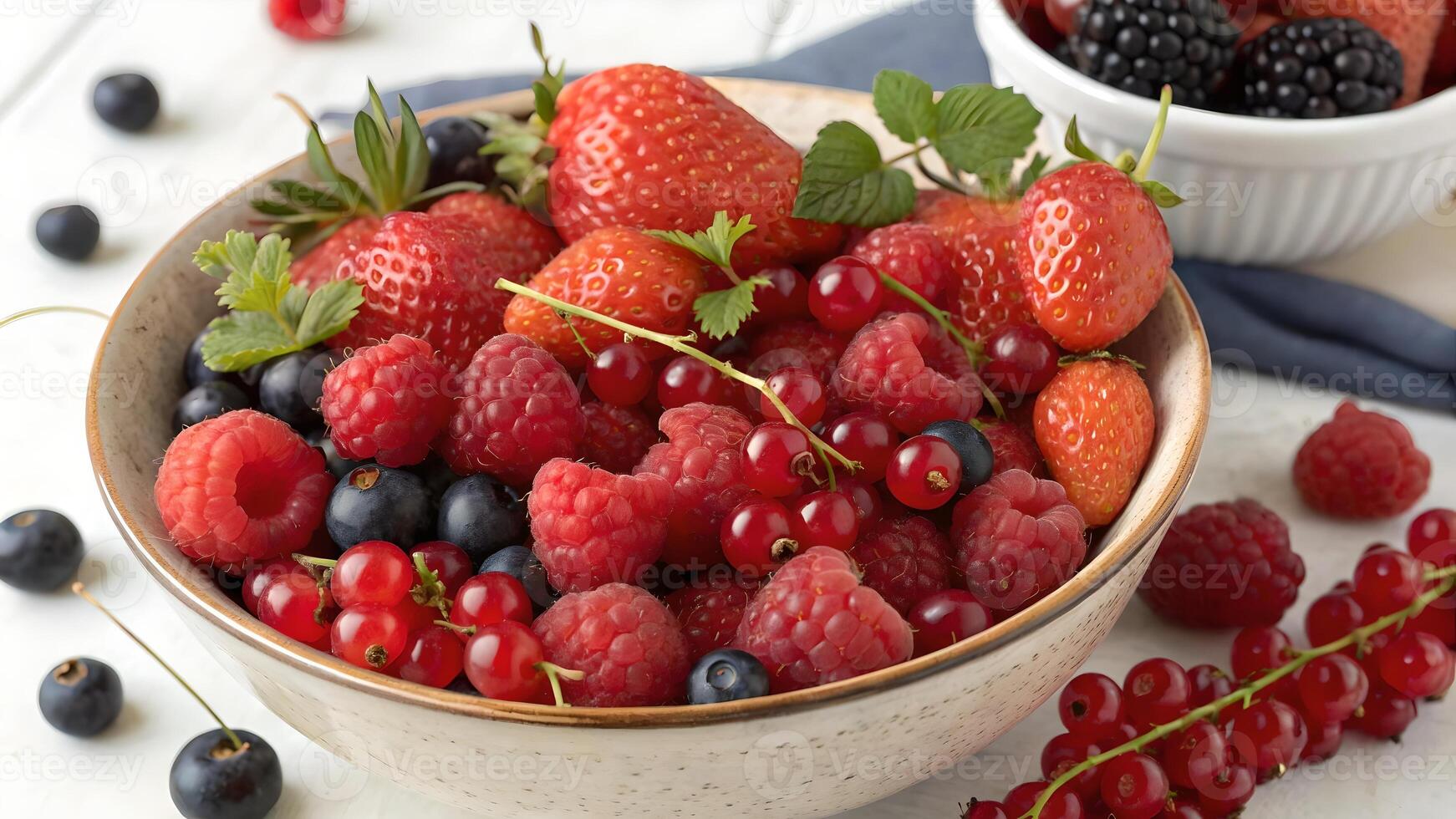 Fresh Berry Delight Bowl of Summer Fruit, Raspberries, Strawberries, and Currants photo