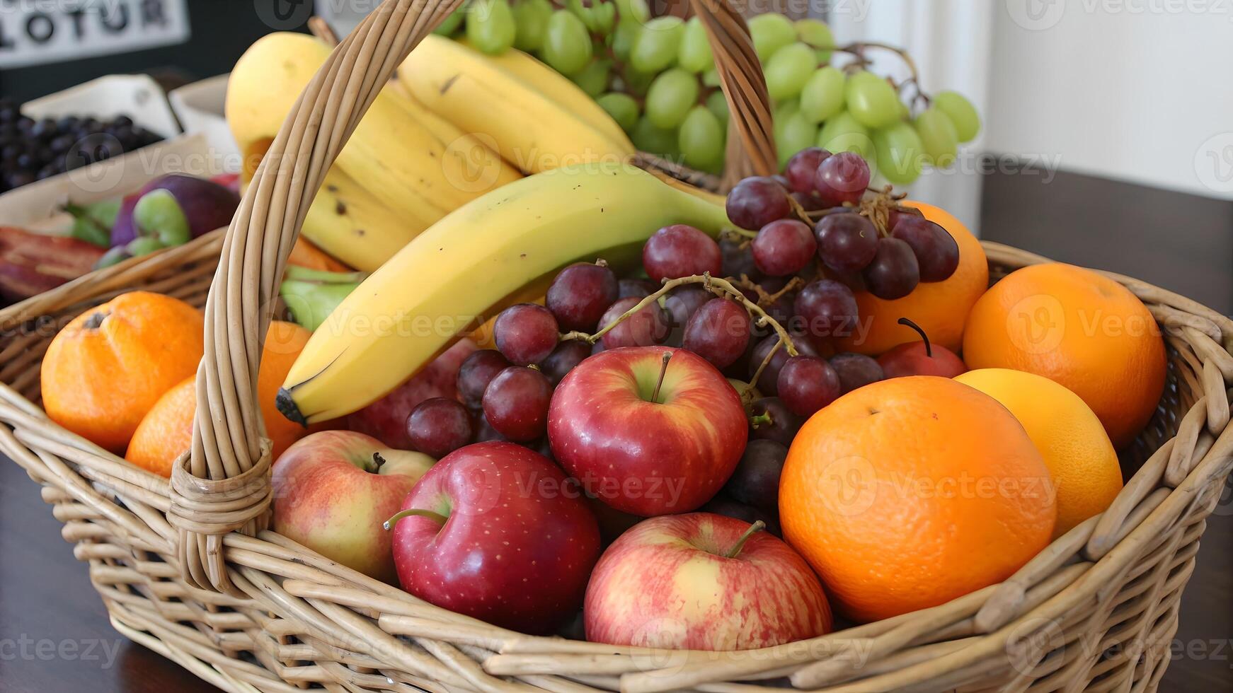 Abundant Fruit Basket Fresh Harvest of Apples, Bananas, Grapes, and Oranges Displayed in Wicker Container photo