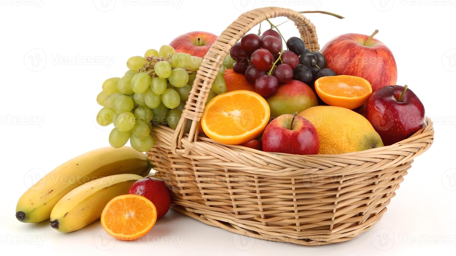 Abundant Fruit Basket Display Fresh Apples, Grapes, Oranges, and Bananas on White Background photo