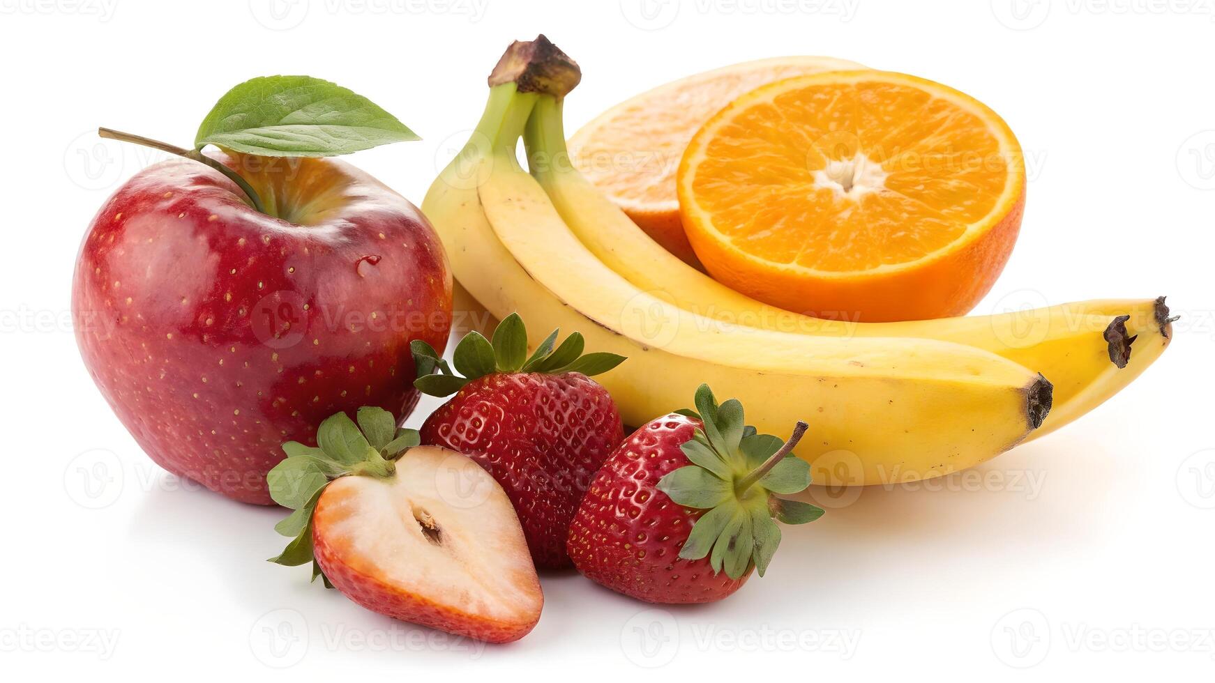 Fresh Fruits Display Vibrant Apple, Bananas, Orange and Strawberries Still Life Isolated on White Background photo
