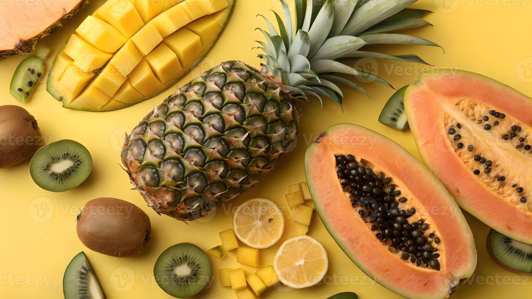 Tropical Fruit Medley, Exotic Fruits Display on Bright Yellow Background, Fresh and Healthy photo