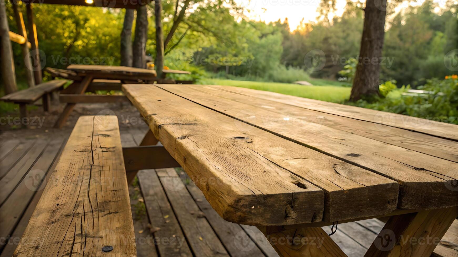 Rustic Picnic Table in Summer Forest, Close Up on Wood Grain Texture, Outdoors Sunlight photo