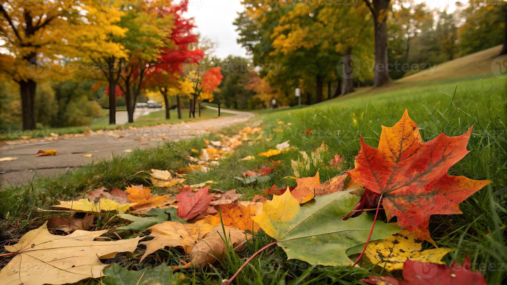 Vibrant Autumn Leaves Displaying Seasonal Color Change on Green Grass Park Path photo