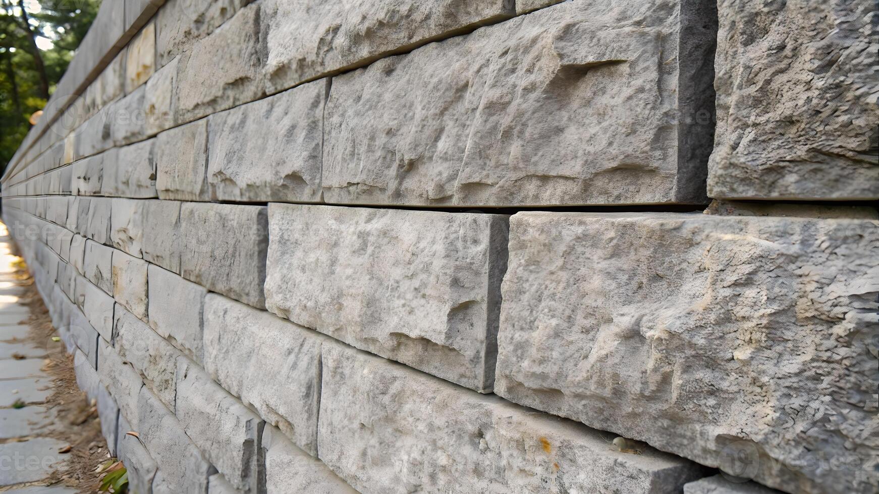 Rough Gray Stone Wall with Horizontal Rectangular Blocks Close up View Architecture Material photo