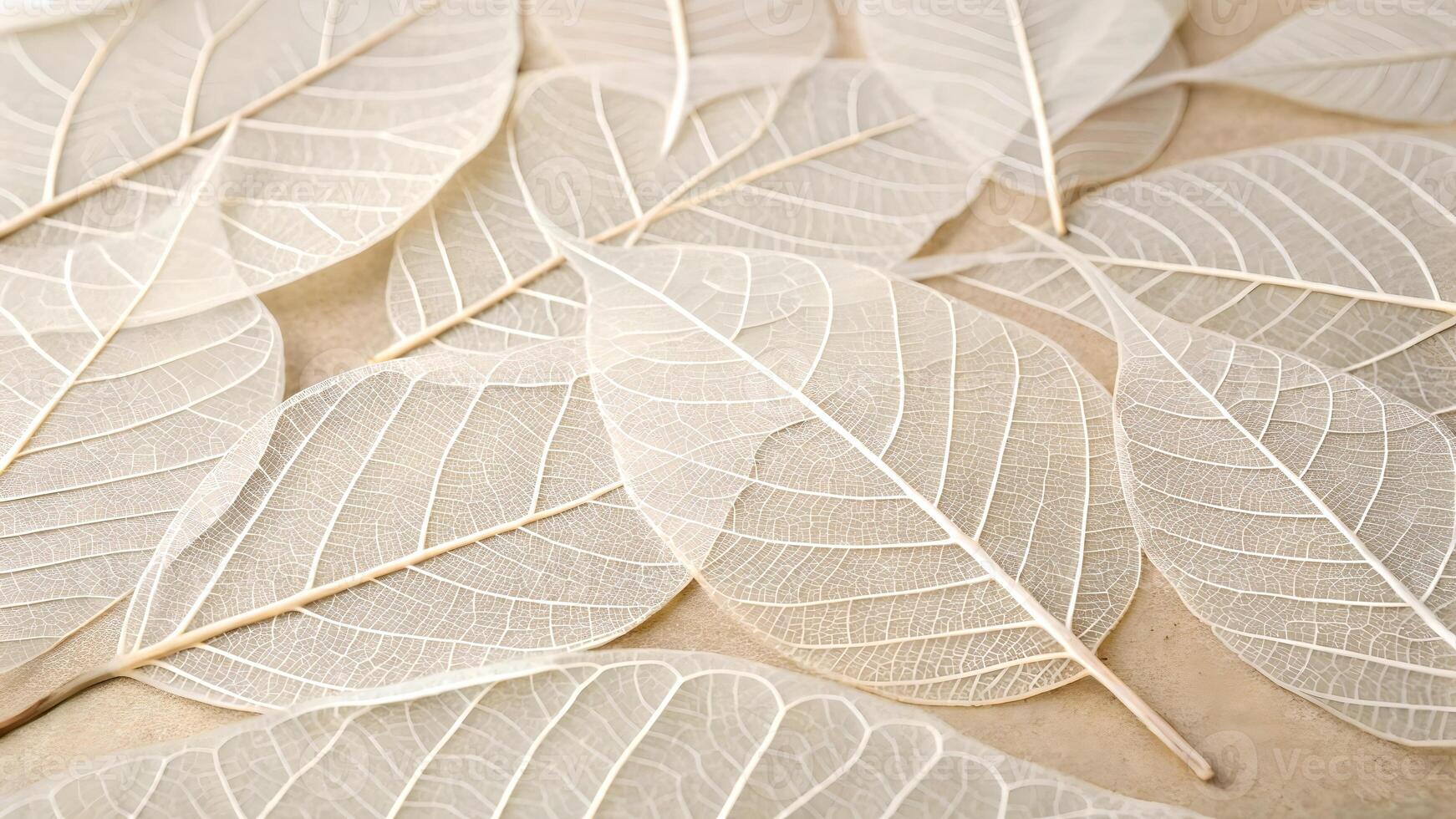 Delicate Transparent White Leaves on Beige Background Close up Nature Fine Texture photo