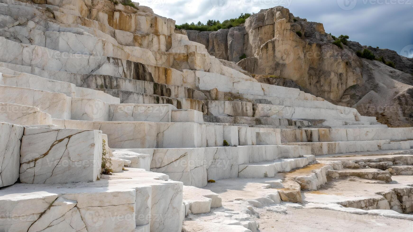 Tiered Limestone Quarry Landscape Striking Natural Texture Pattern Stratified Rock Formation Majestic Outdoor Scene photo