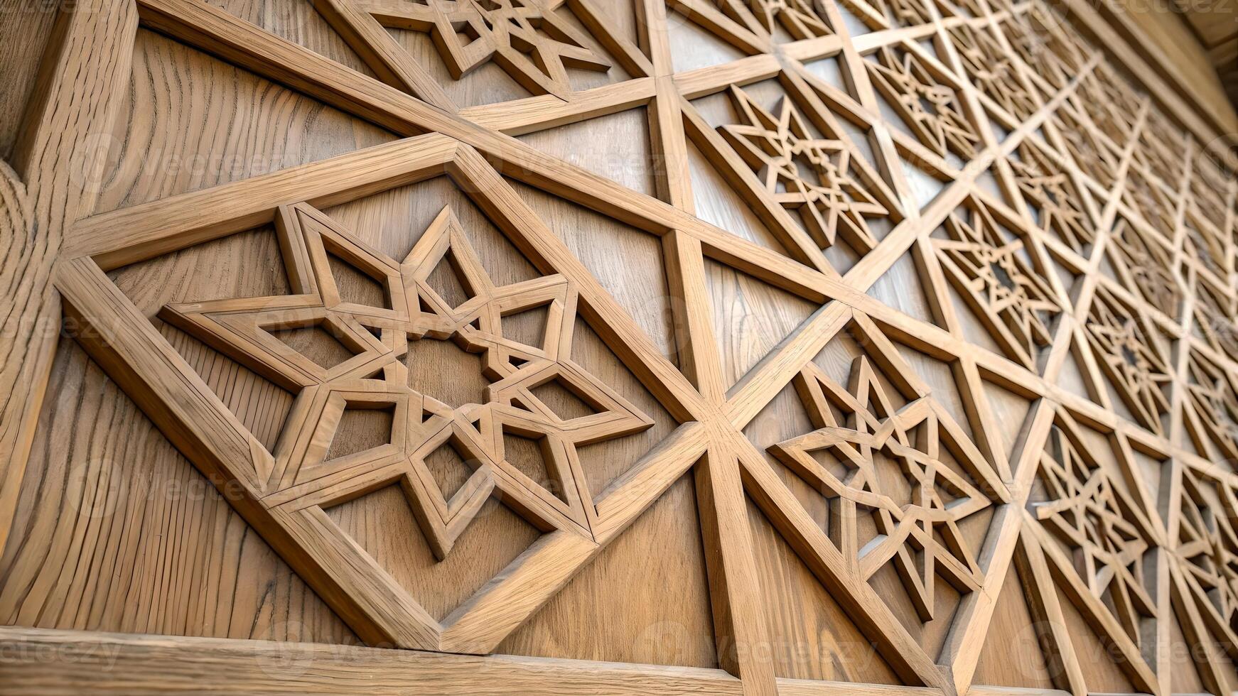 Intricate Geometric Wood Carving Wall Design with Repeating Star Pattern photo