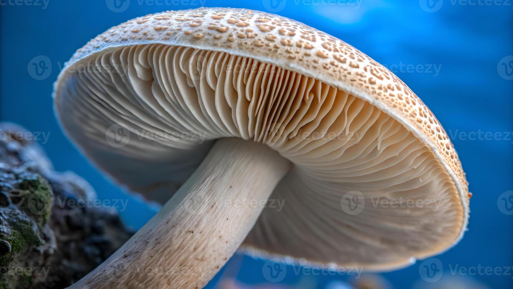 Mushroom Close Up Detailed Fungi Texture, Gills, and Stem Against Vivid Blue Backdrop, Captured in Macro Detail photo