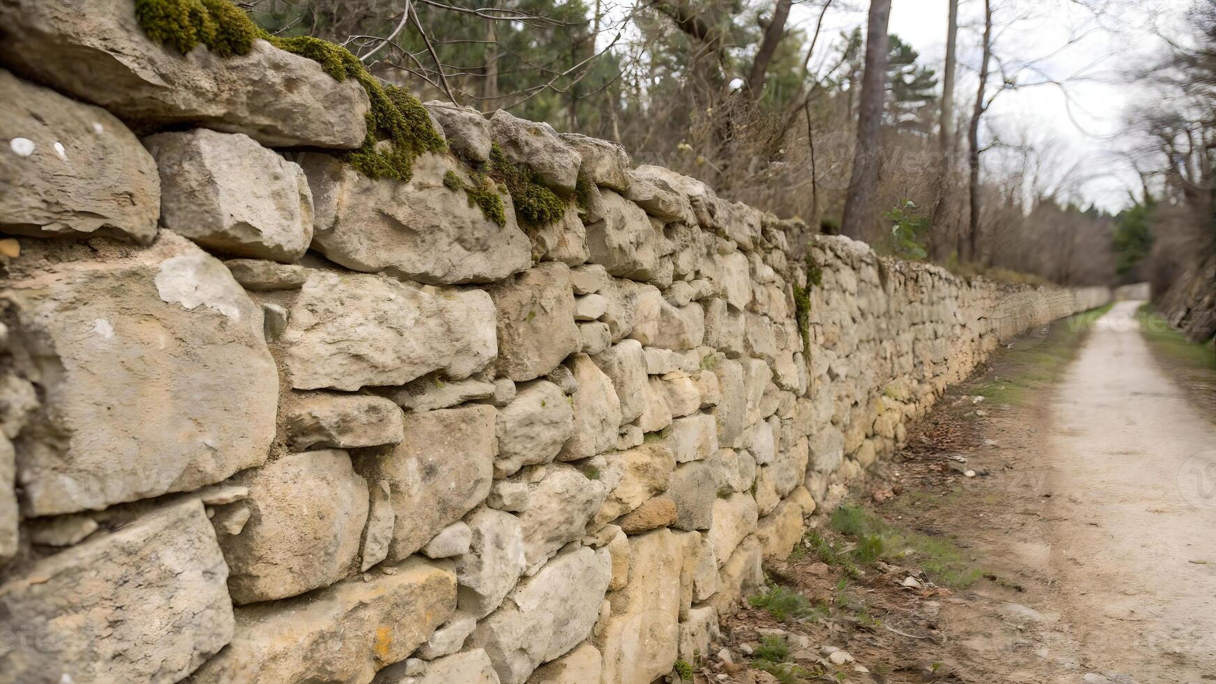 Weathered Stone Wall Along Country Path Rustic Texture Background Scene photo
