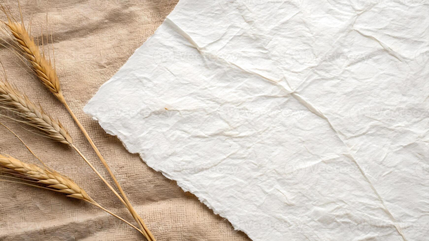 Textured White Paper with Wheat Stalks on Rustic Fabric Background for Design Projects photo