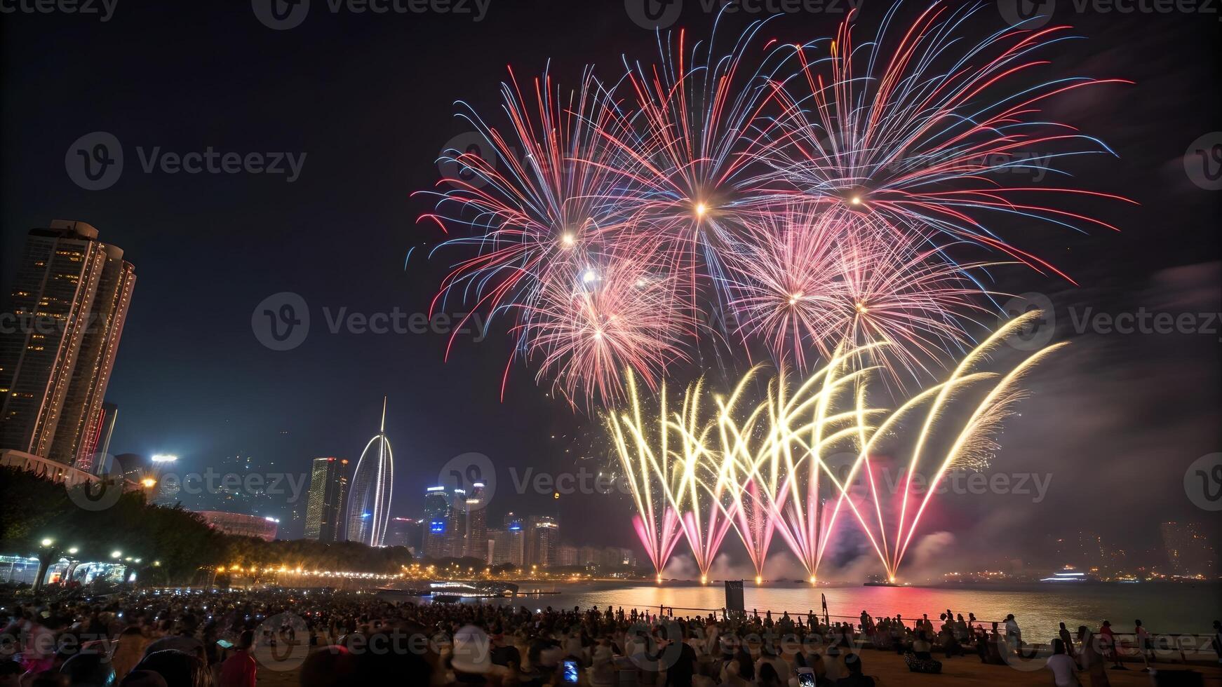 Dazzling New Year 2026 Fireworks Display over City Skyline photo