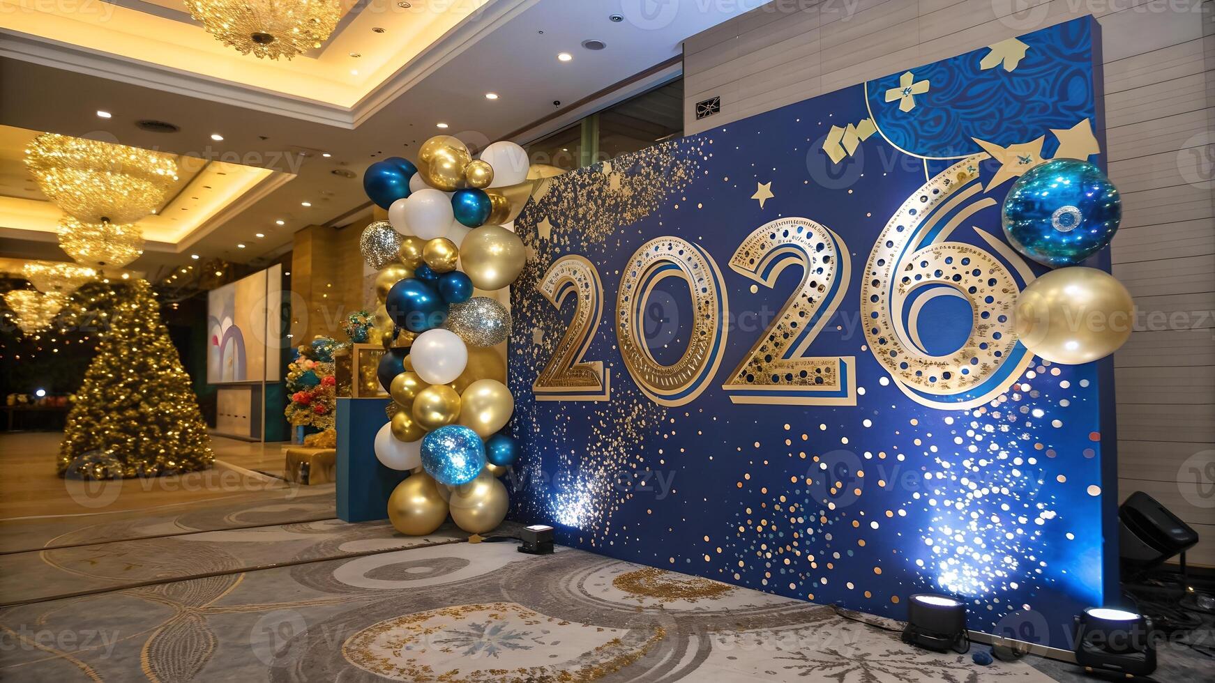 Festive 2026 New Year Backdrop with Gold and Blue Decorations photo