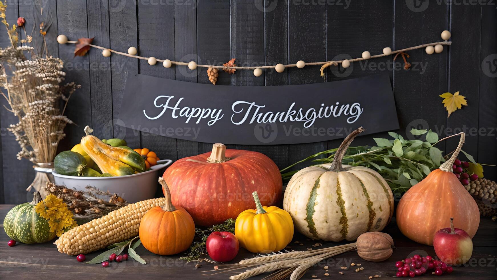 Happy Thanksgiving Autumn Harvest Still Life with Pumpkins and Corn photo