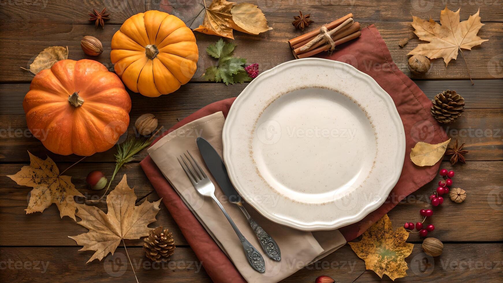 Rustic Thanksgiving Table Setting with Pumpkins and Autumn Leaves photo