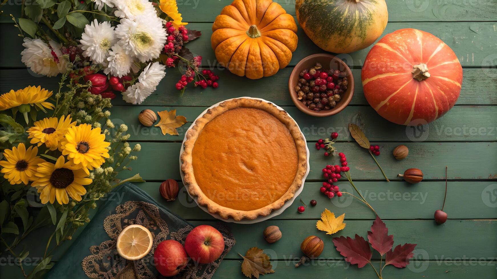 Autumn Thanksgiving Pumpkin Pie Feast Rustic Table photo