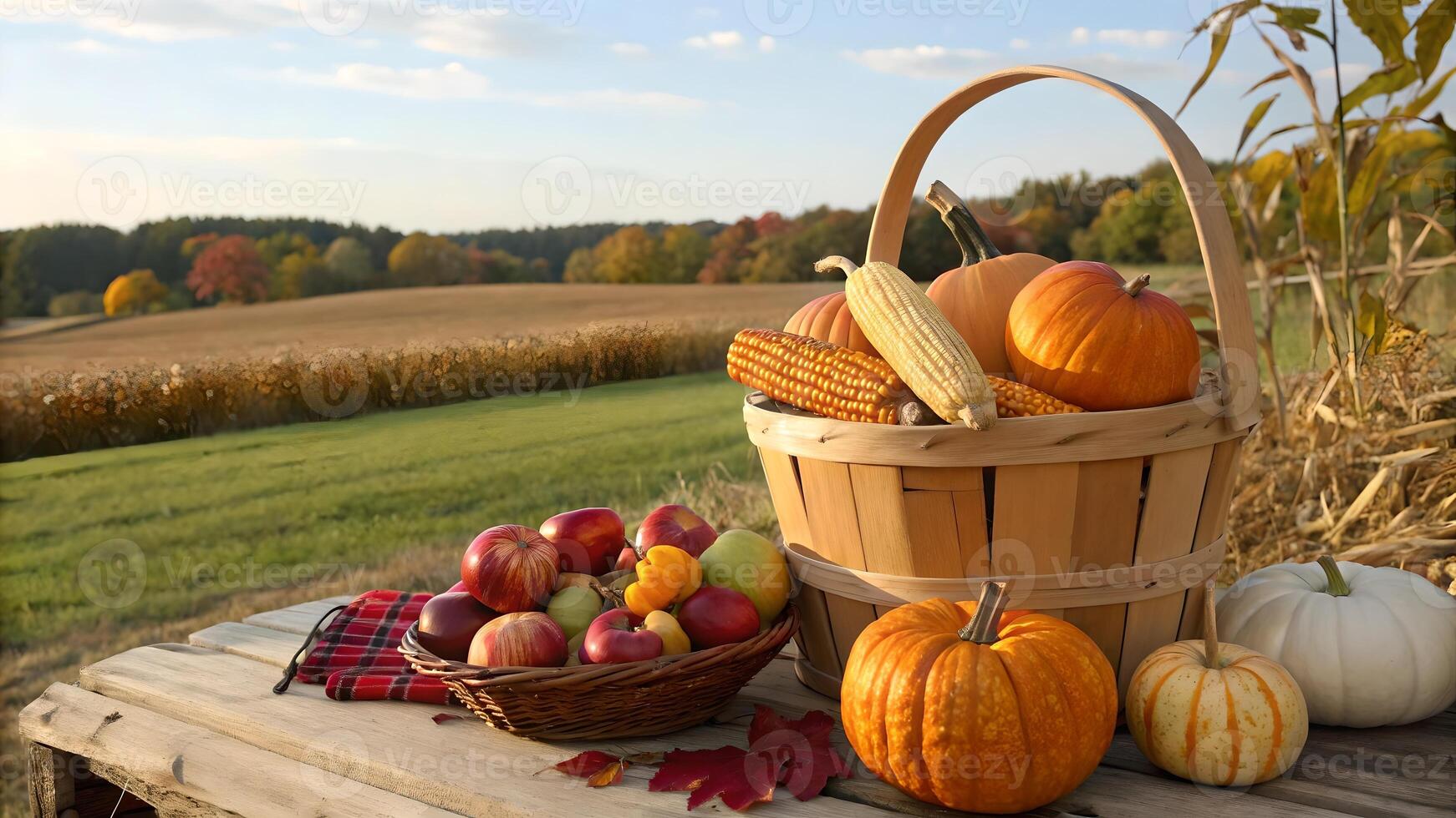 Autumn Harvest Abundance Pumpkins Apples Corn in Rustic Basket photo