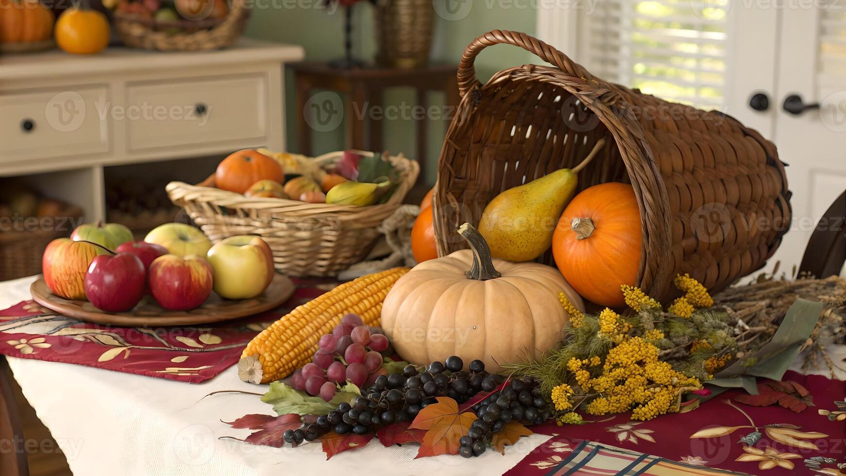 Thanksgiving Cornucopia Overflowing with Autumn Fruits and Vegetables photo