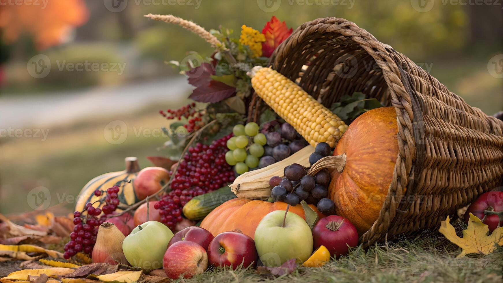 Autumnal Cornucopia Overflowing with Fall Harvest Bounty photo
