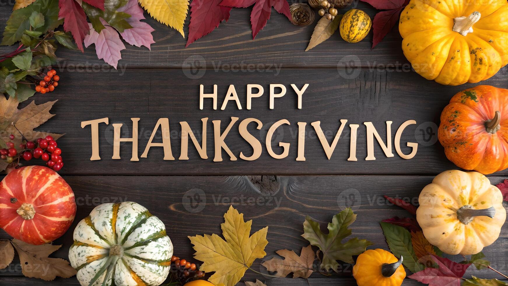 Happy Thanksgiving Pumpkins Leaves and Autumn Decor on Wood photo