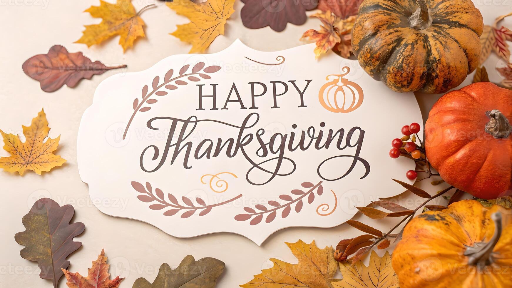 Happy Thanksgiving Autumn Decor with Pumpkins and Fall Leaves photo
