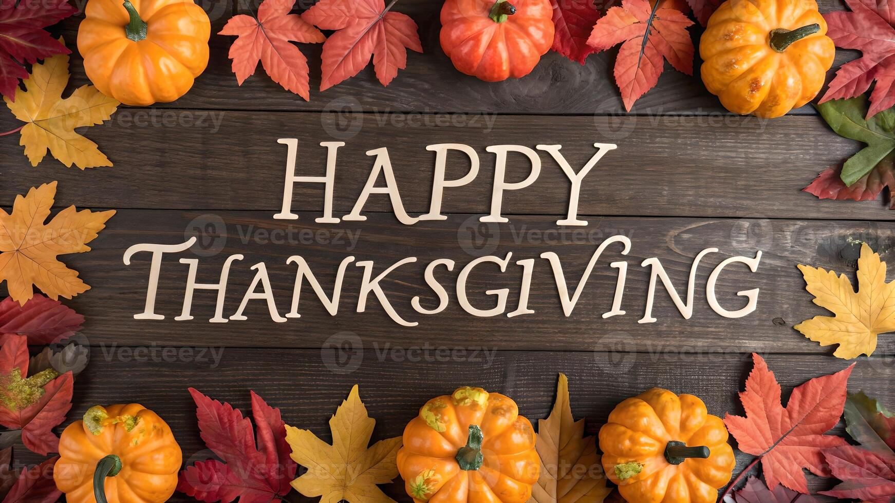 Happy Thanksgiving Wooden Background with Pumpkins and Autumn Leaves photo