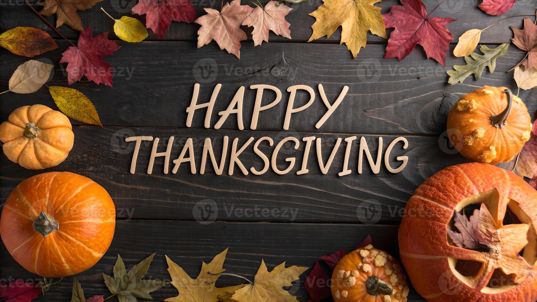 Happy Thanksgiving Pumpkins and Autumn Leaves on Rustic Wood photo