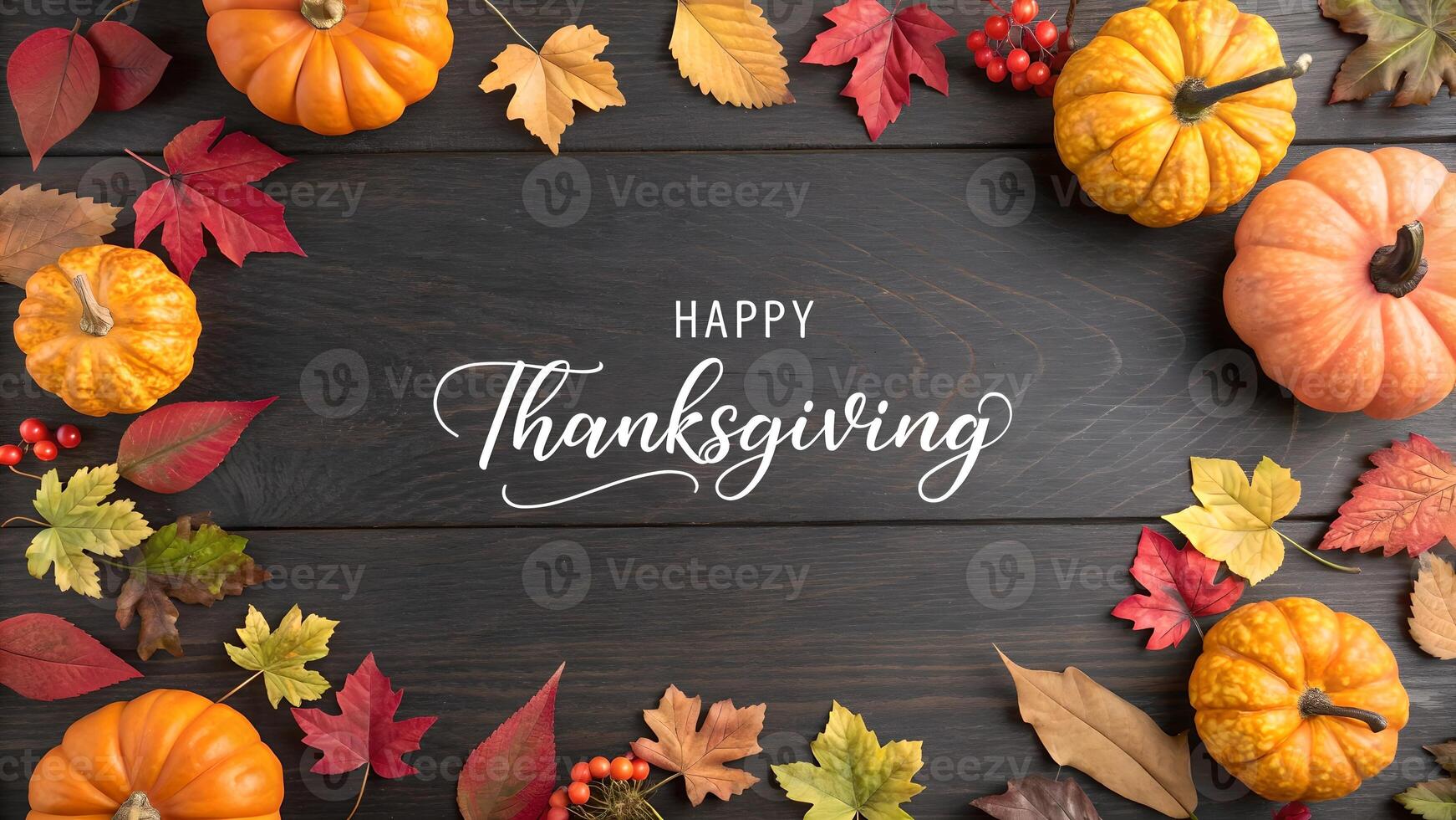 Happy Thanksgiving Pumpkins and Autumn Leaves on Wood photo