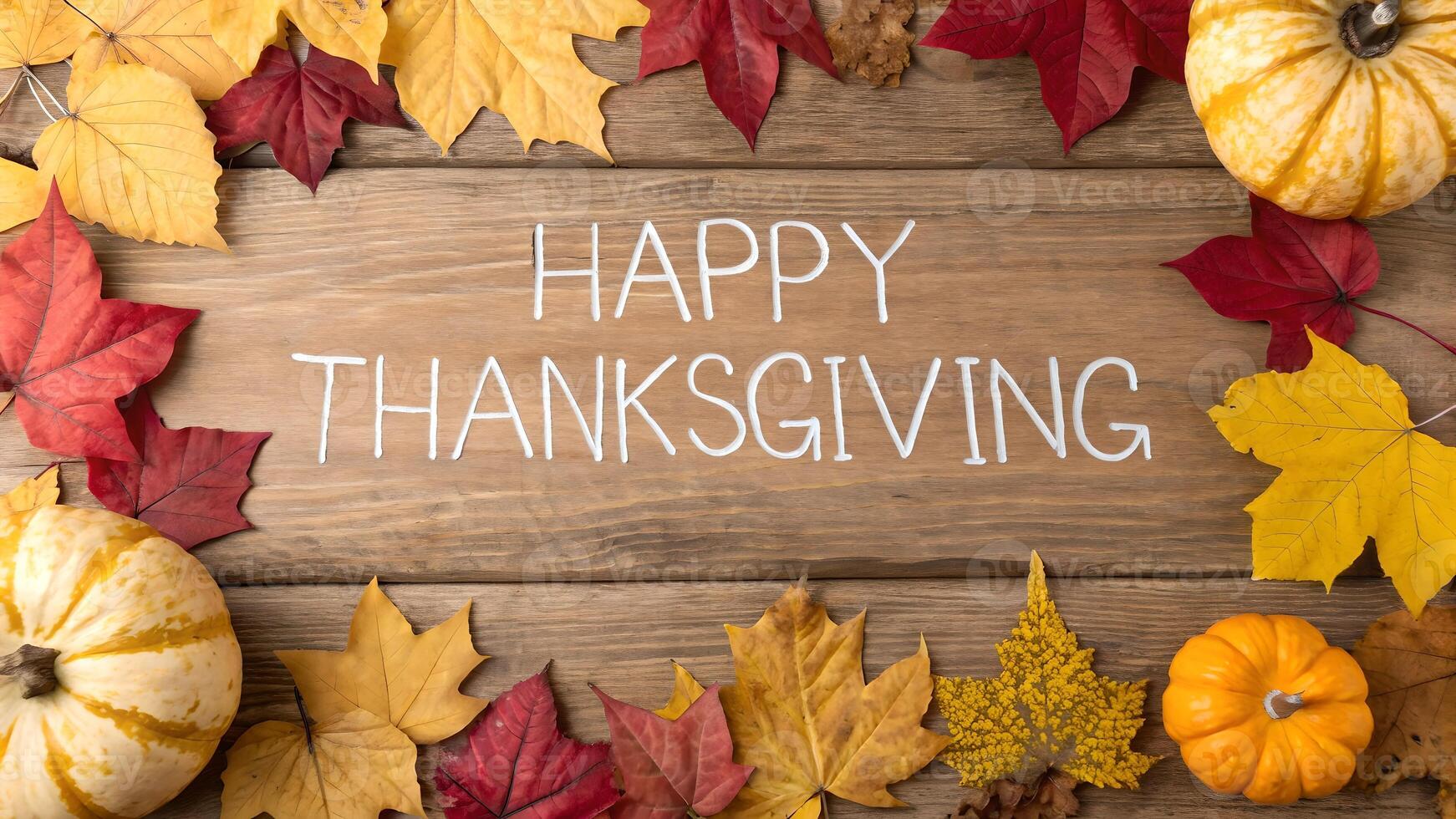 Happy Thanksgiving Wooden Sign with Pumpkins and Autumn Leaves photo