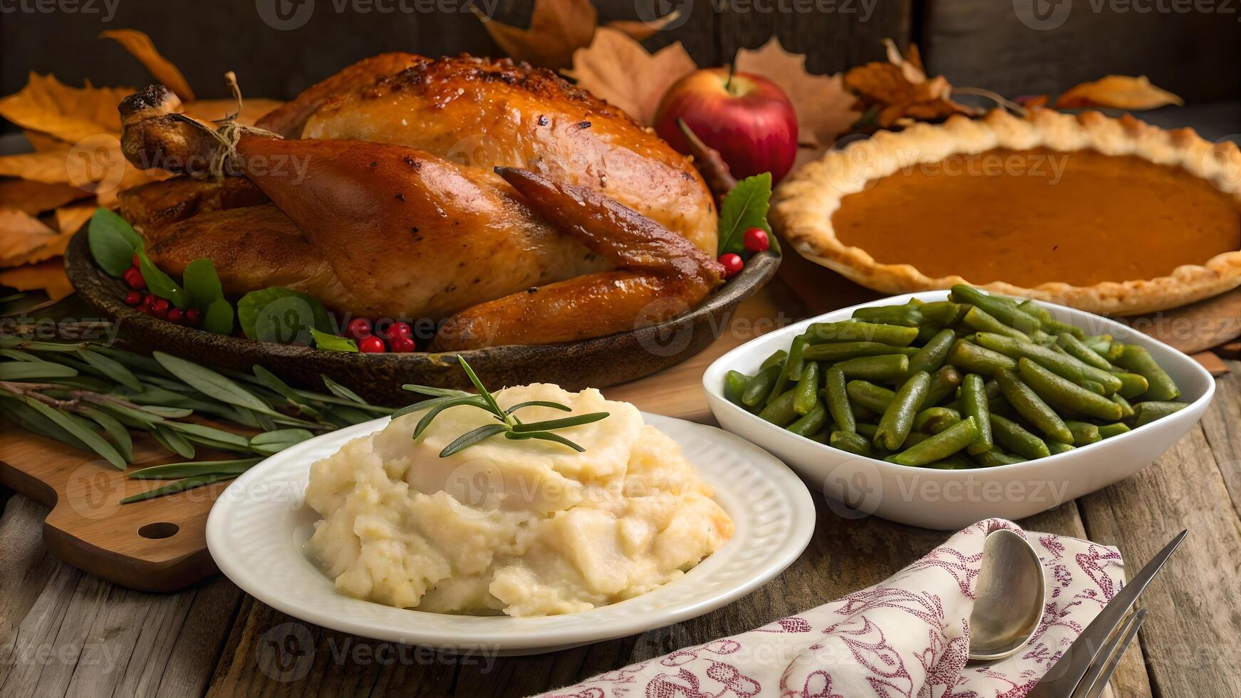 Rustic Thanksgiving Feast Roasted Turkey, Mashed Potatoes, Green Beans, and Pumpkin Pie photo