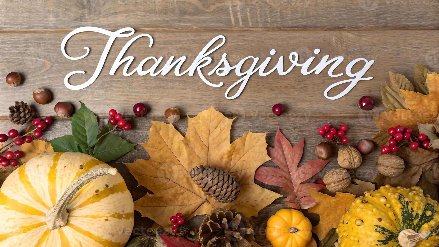 Thanksgiving Autumn Harvest Wooden Background with Pumpkins and Fall Leaves photo