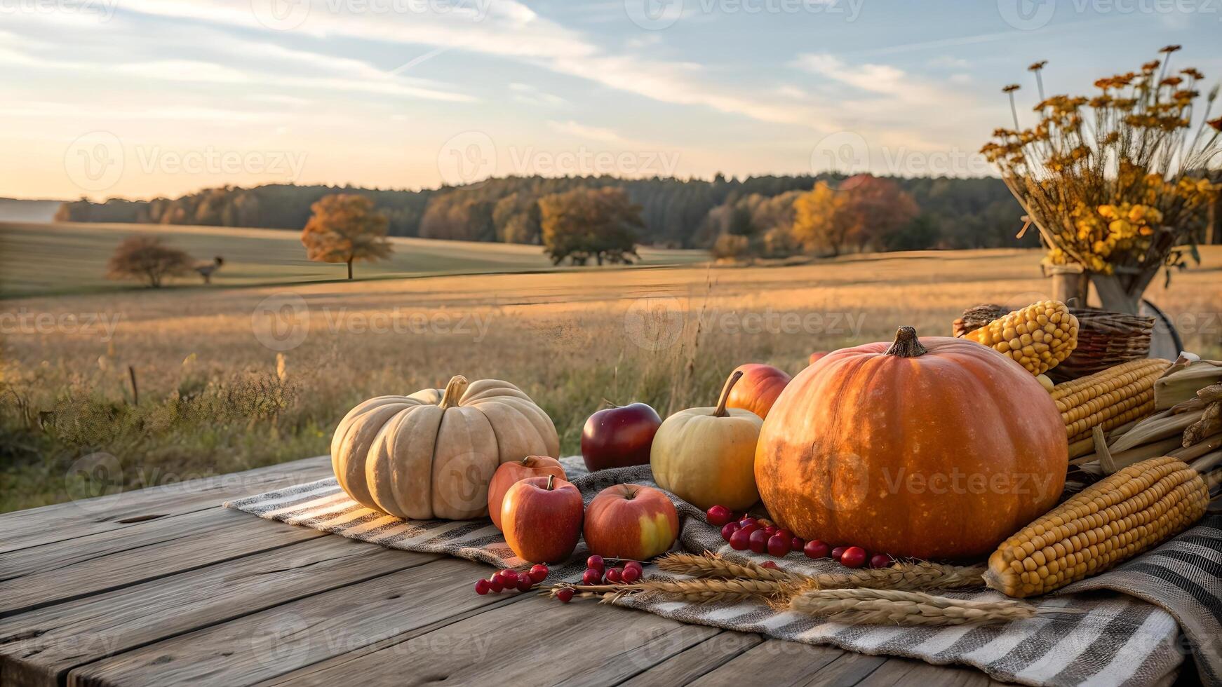 Autumn Harvest Abundance Thanksgiving Table Setting Rustic Fall Scene photo