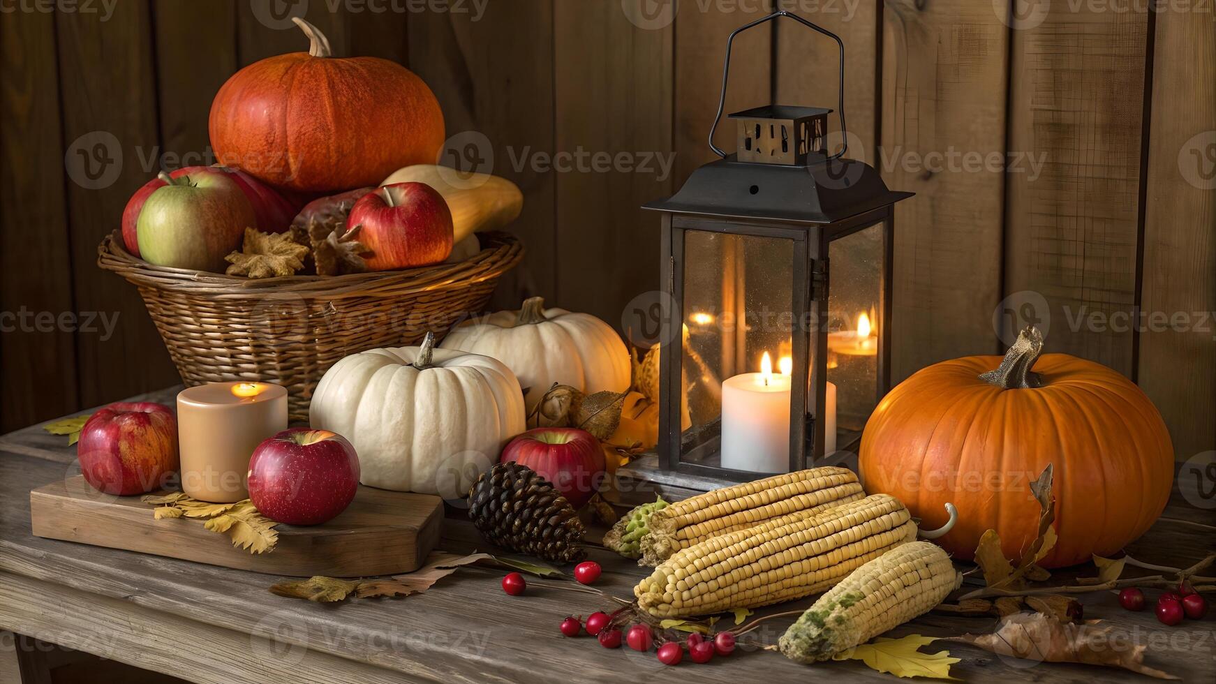Thanksgiving Harvest Still Life with Pumpkins Apples Corn and Lantern photo