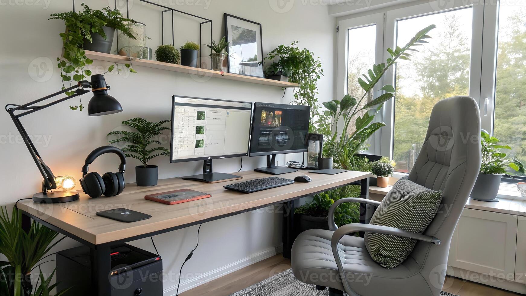 Serene Home Office Workspace with Plants and Dual Monitors photo