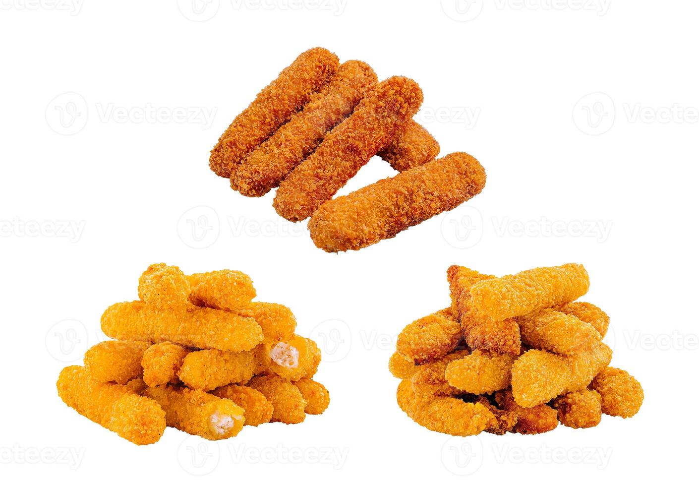 Various types of golden fried snacks arranged on a white background photo
