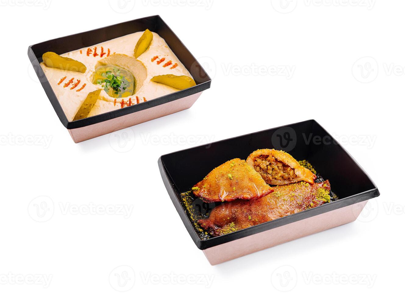 Delicious traditional dishes served in modern bowls photo