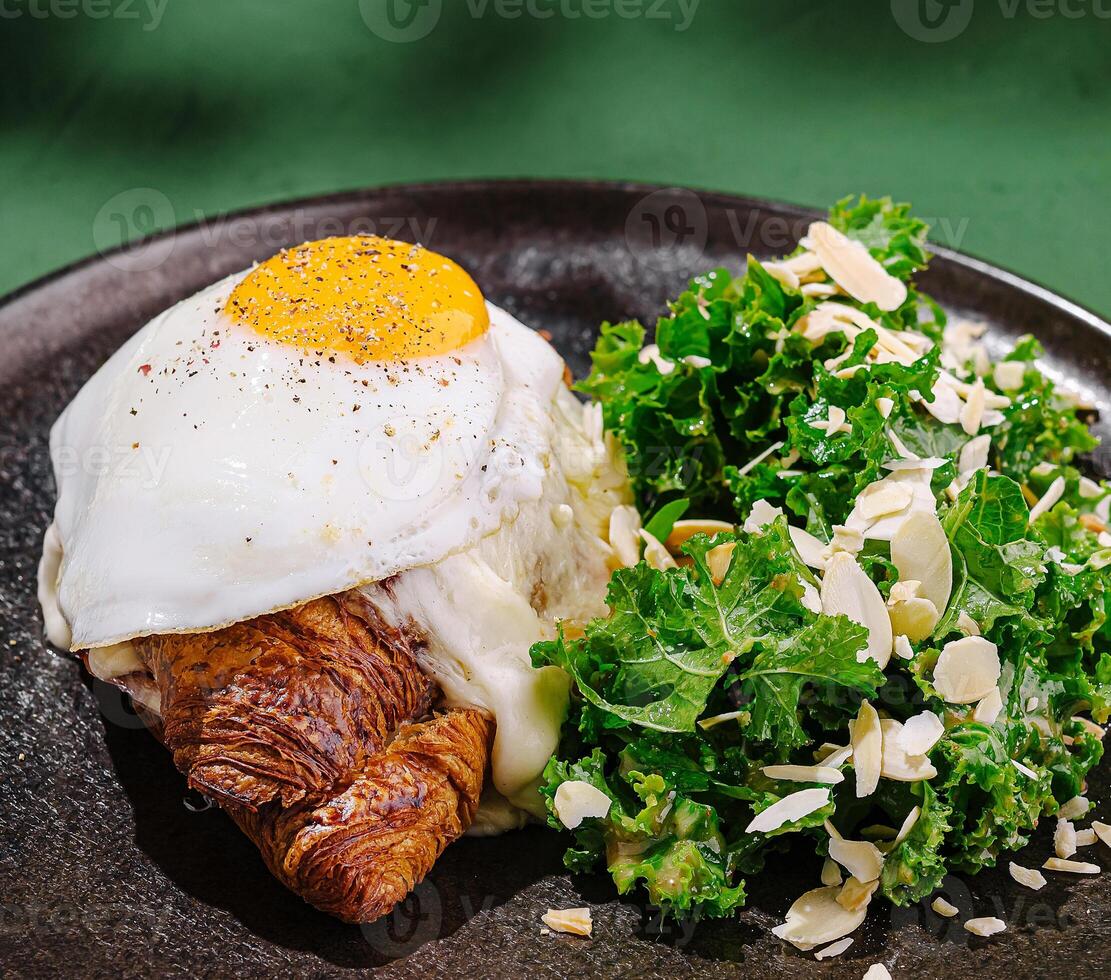 Delicious breakfast croissant topped with egg and side salad photo