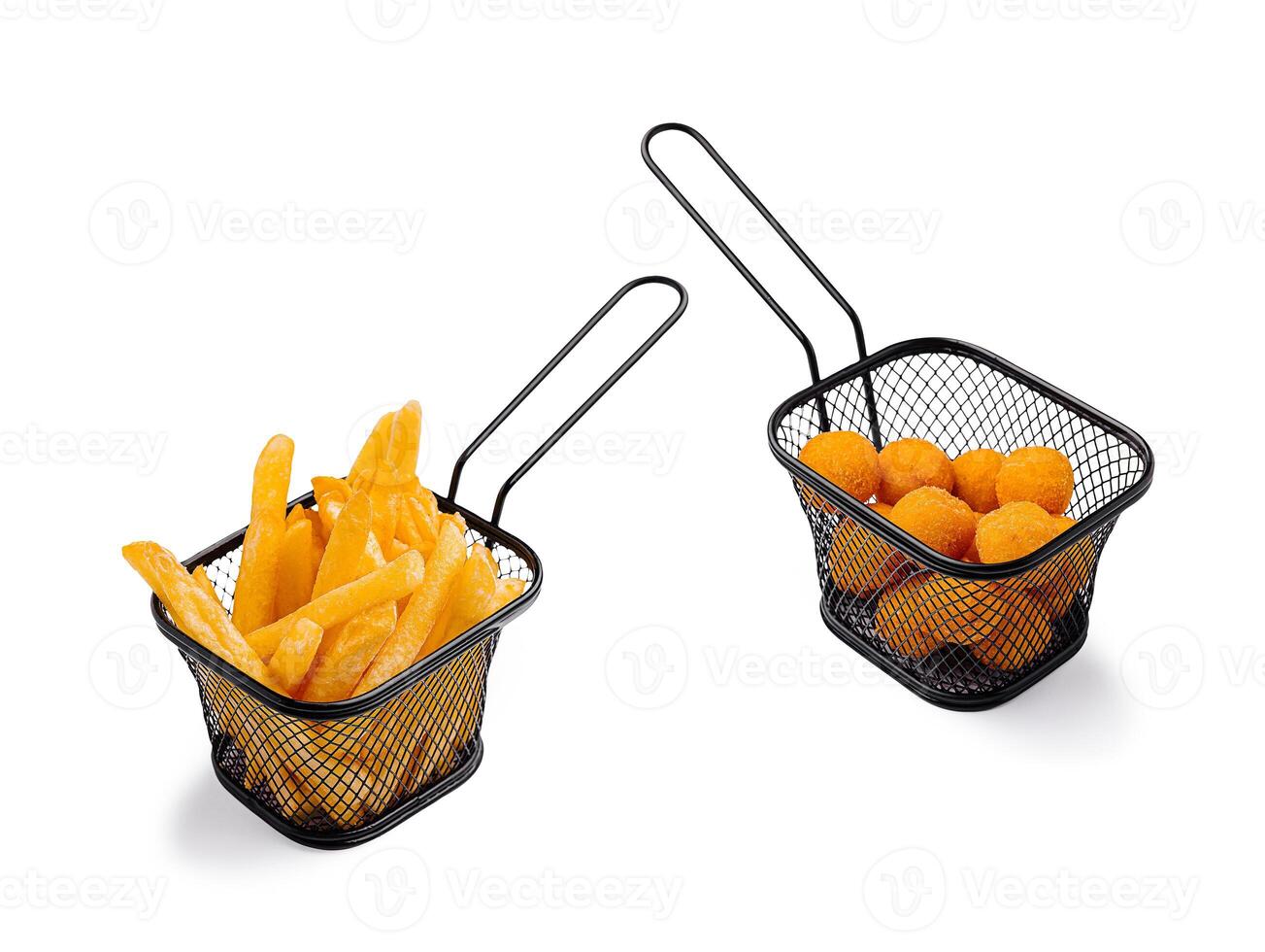 Delicious golden fries and cheese balls in serving baskets photo