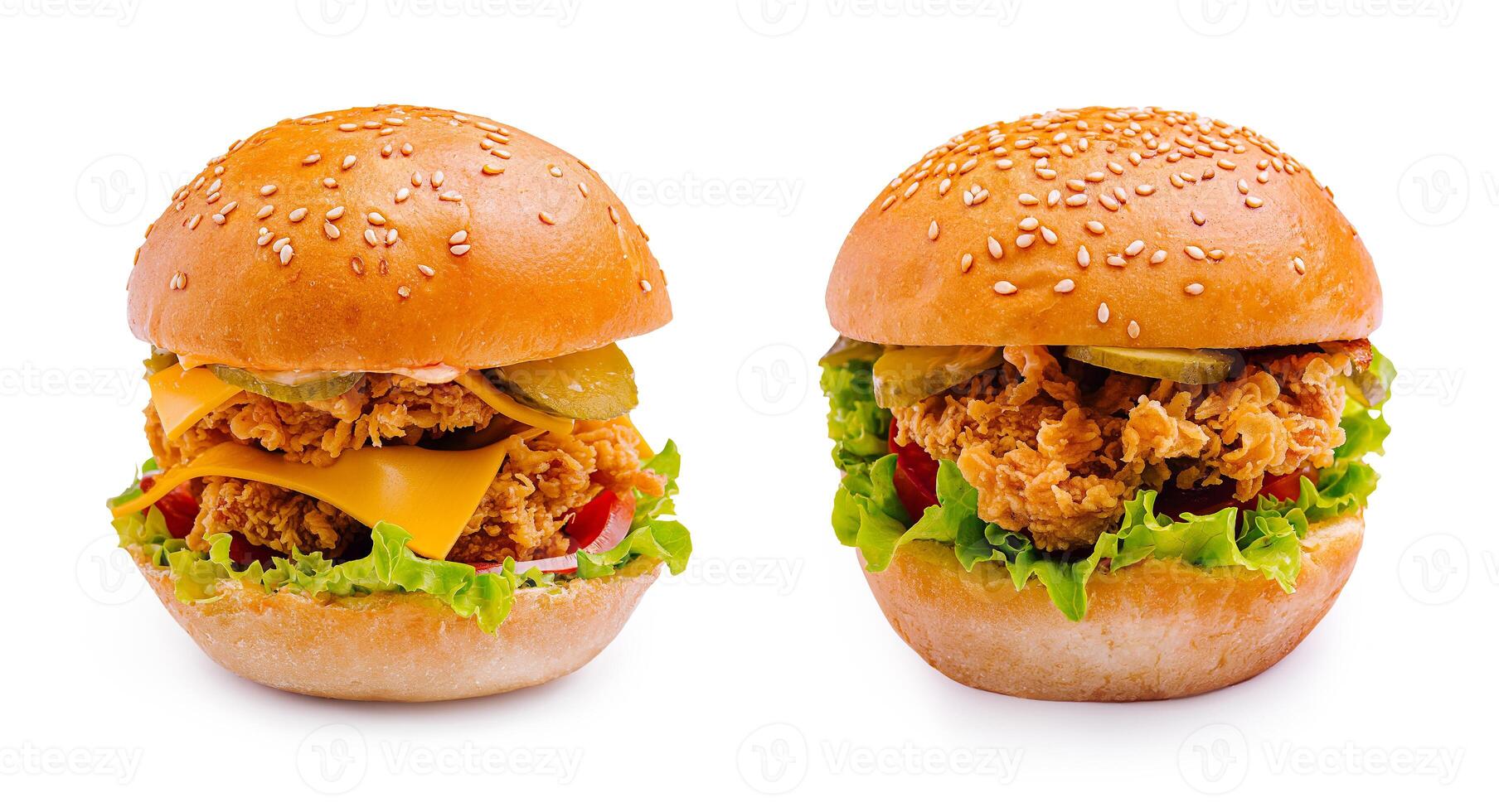 Delicious fried chicken burgers with fresh toppings and sesame buns photo