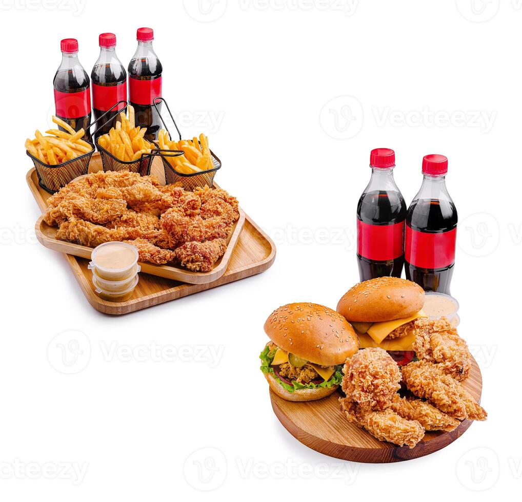 Delicious fried chicken meal with burgers and drinks for sharing photo