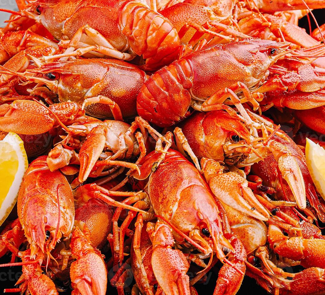 Freshly cooked crawfish served with lemon slices ready for a feast photo