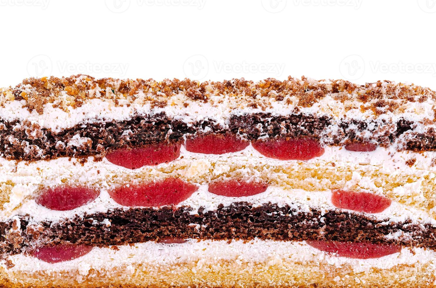 Delicious layered dessert with cherries and cream on display photo