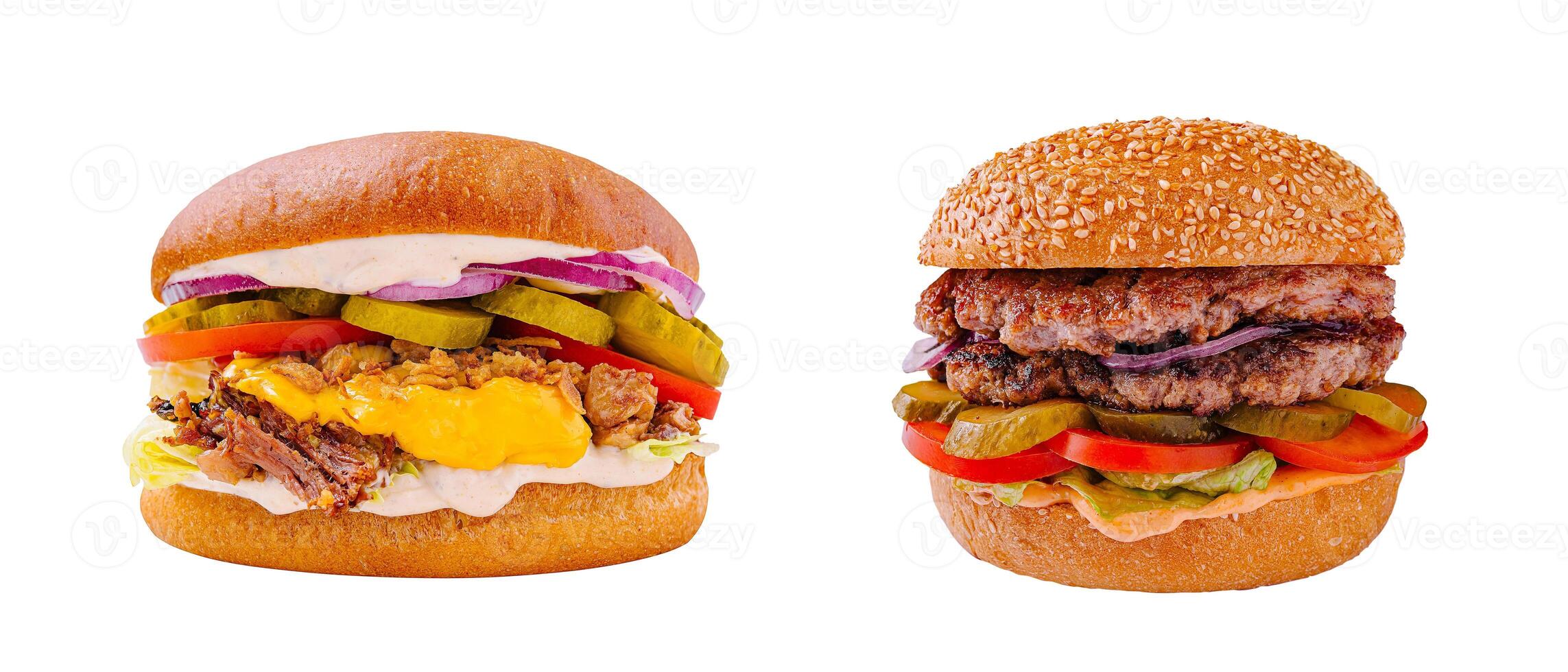 Delicious burgers with fresh toppings served on toasted buns photo