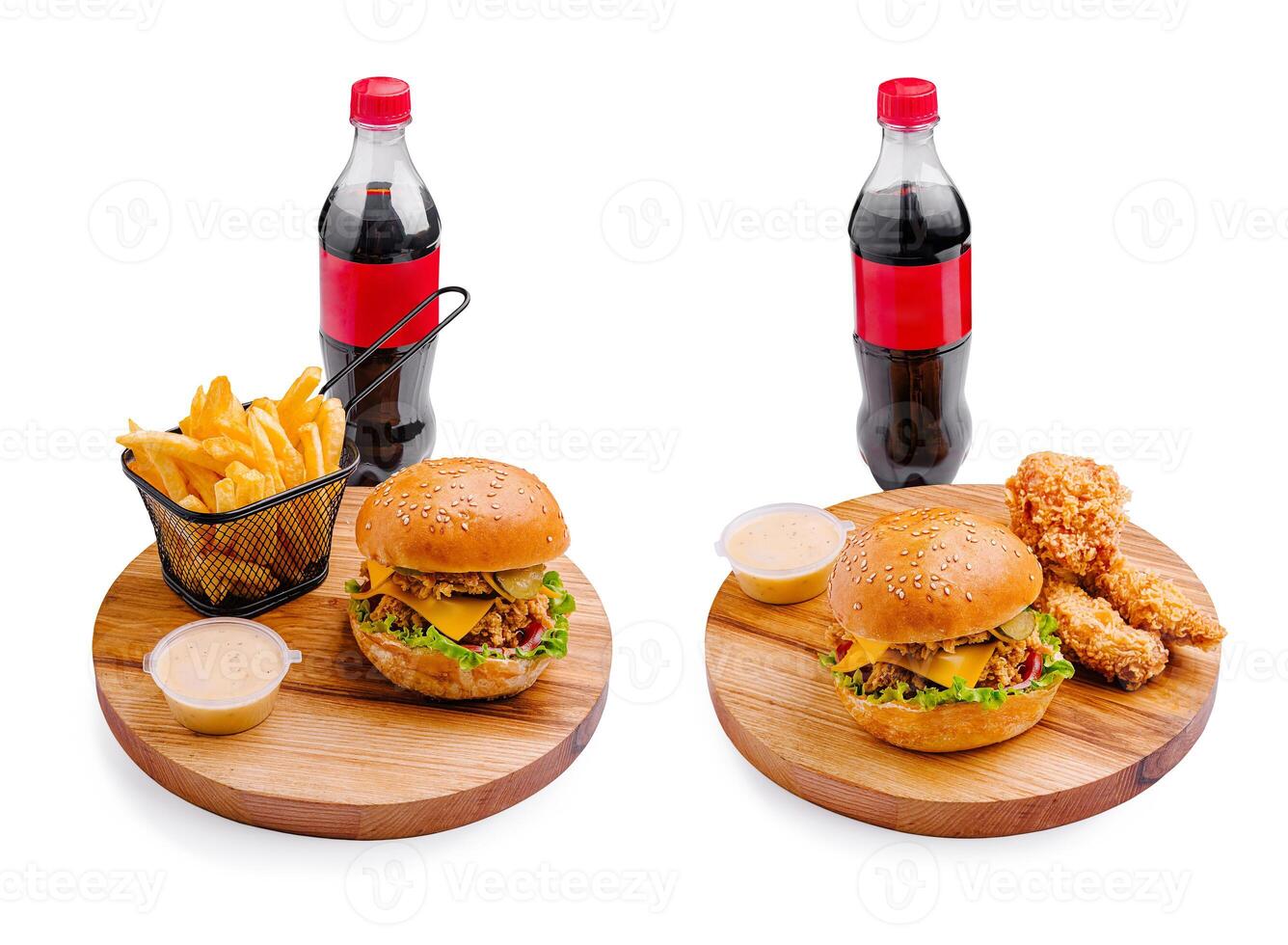 Delicious burgers and fries served with cold drinks for sharing photo