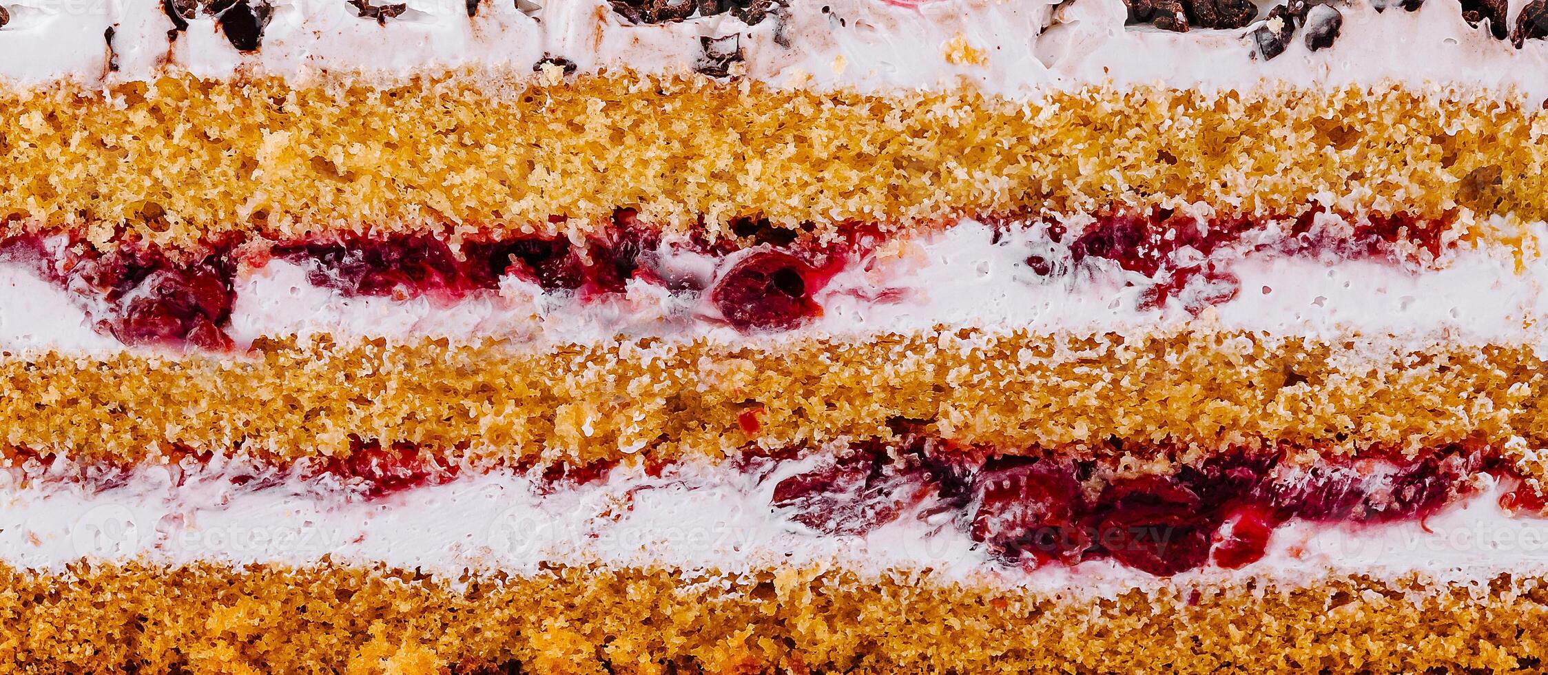 Delicious cake layers showing filling and frosting texture closeup photo