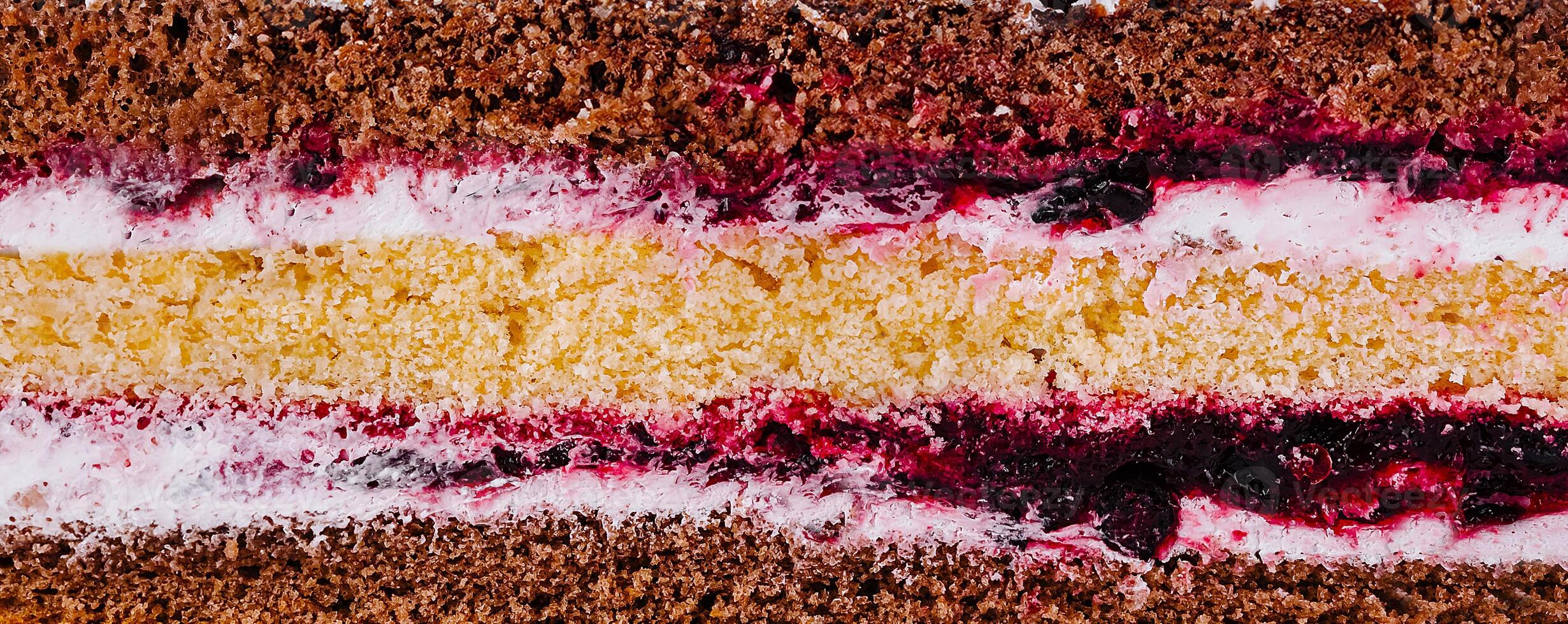 Delicious chocolate cake layers showing filling and frosting closeup photo