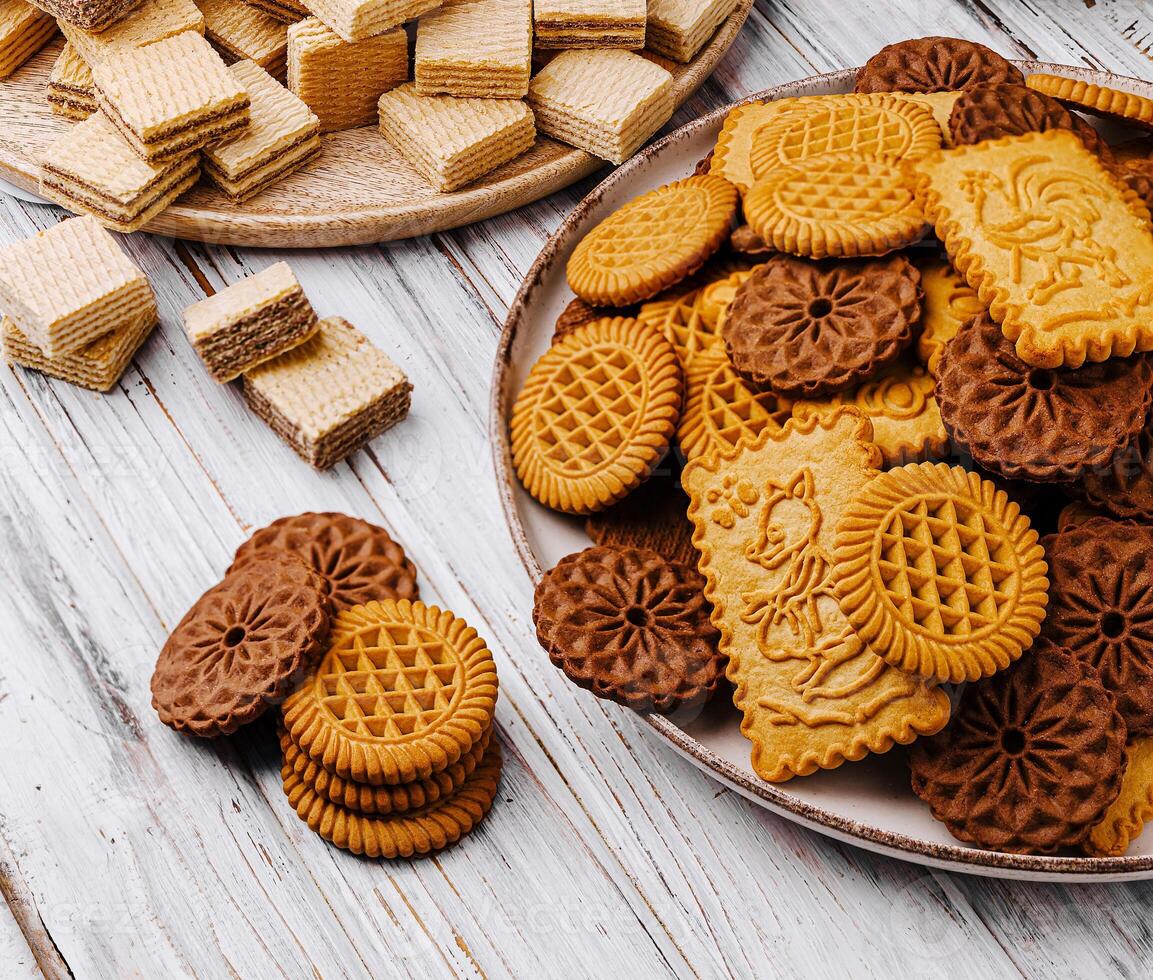 Crunchy cookies on a wooden surface in a cozy setting photo