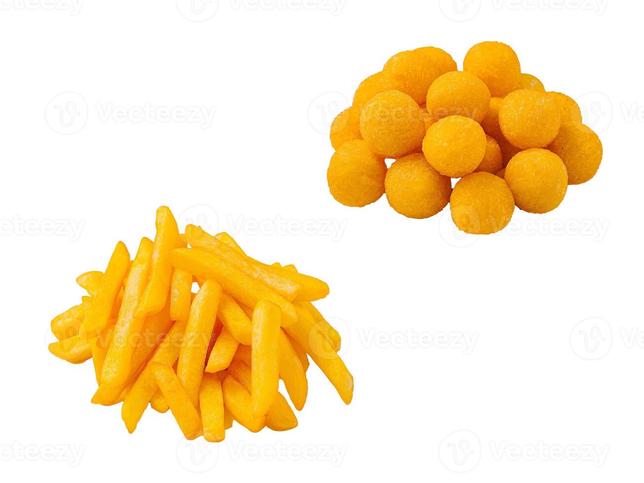 Colorful cheese snacks displayed on a white background photo